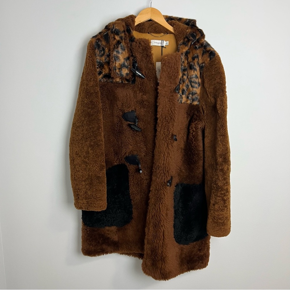 NWT Coach Shearling Coat Hooded Faux Fur